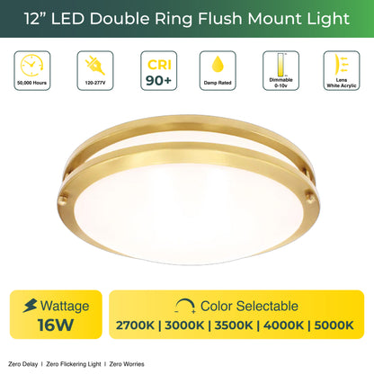 12" LED Double Ring Golden Flushmount Light - 16w with 5-in-1 CCT 2700K/3000K/3500K/4000K/5000K