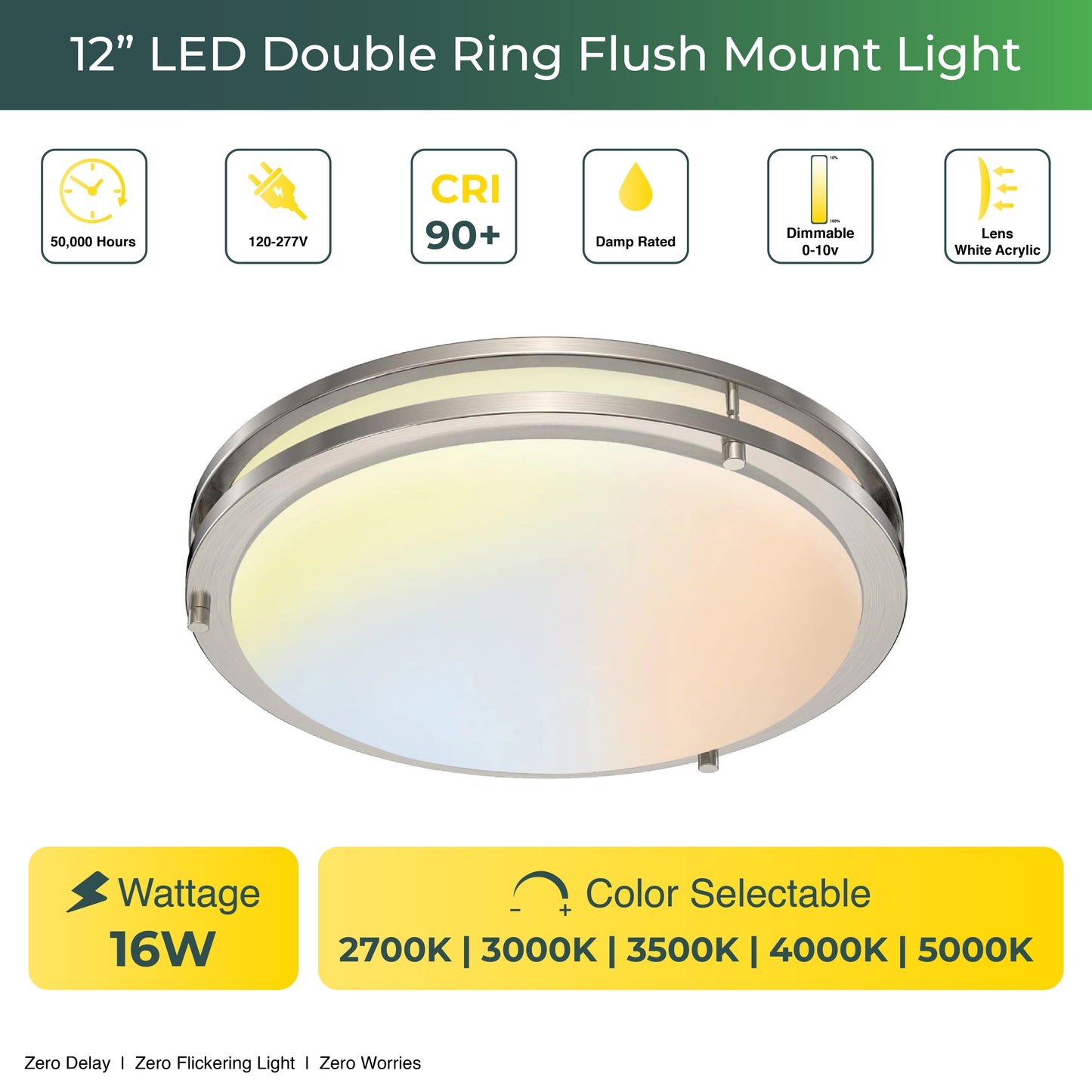 12" LED Double Ring Flushmount Light - 16w with 5-in-1 CCT 2700K/3000K/3500K/4000K/5000K