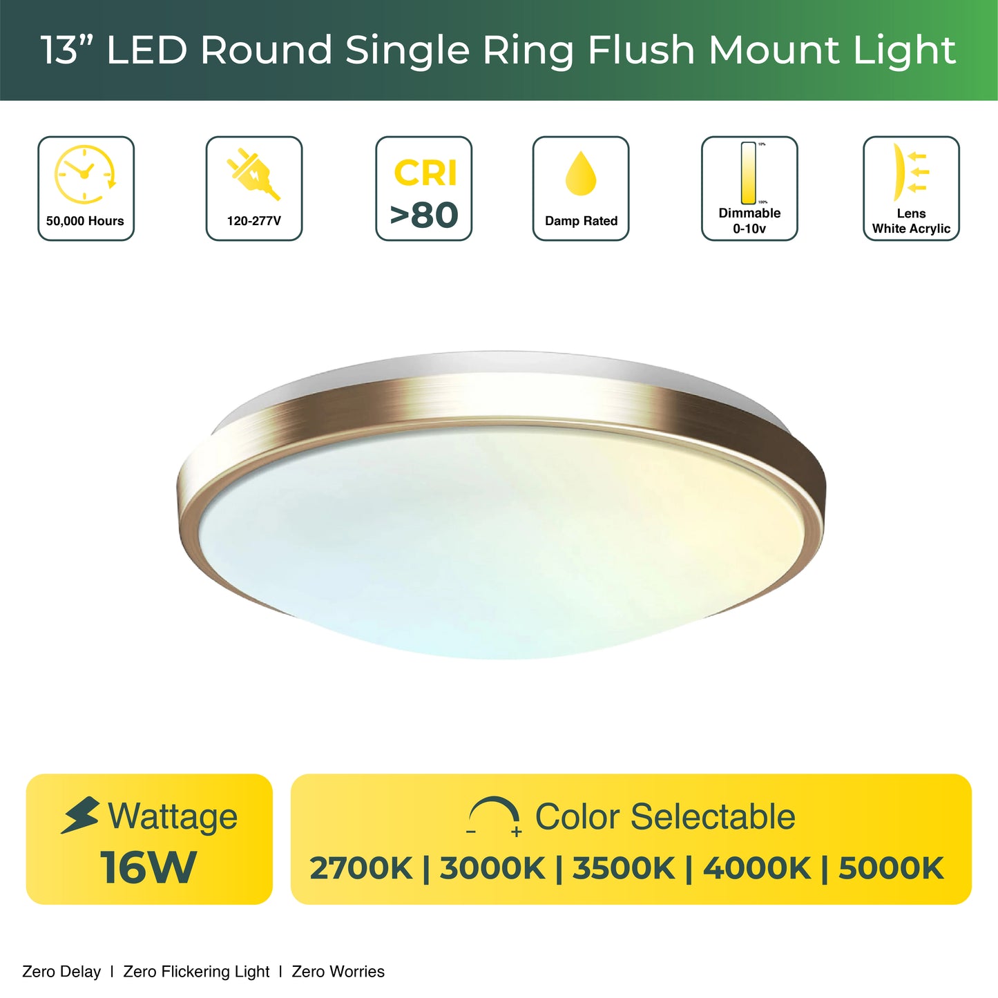 13" Round Brushed Nickel Golden Dimmable Flush Mount Ceiling Light, Single Ring - 1280 Lumens - 16W - 5 Color Switchable (2700K/3000K/3500K/4000K/5000K)