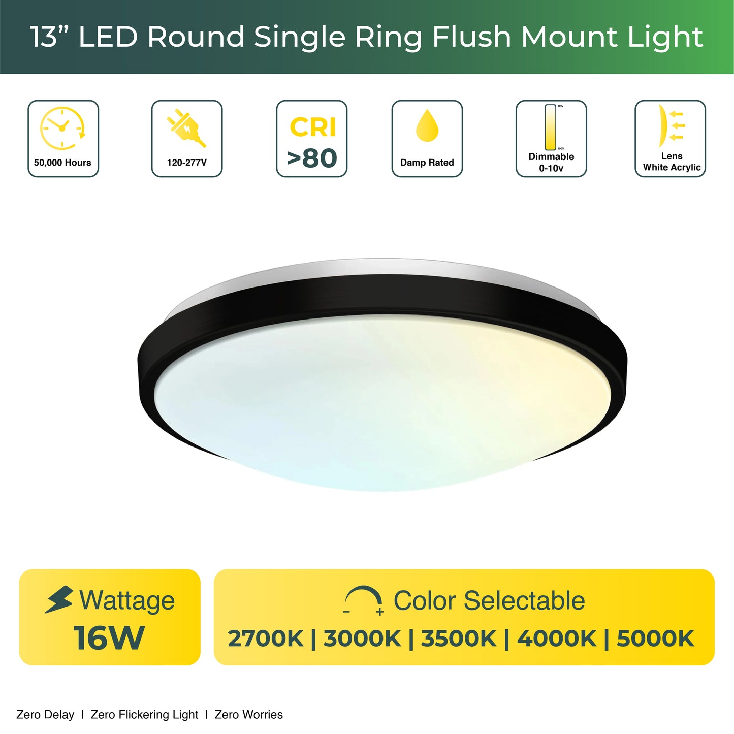 13" Round Brushed Nickel Black Matt Dimmable Flush Mount Ceiling Light, Single Ring - 1280 Lumens - 16W - 5 Color Switchable (2700K/3000K/3500K/4000K/5000K)