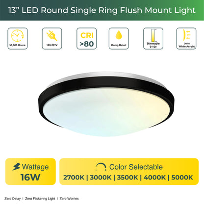 13" Round Brushed Nickel Black Matt Dimmable Flush Mount Ceiling Light, Single Ring - 1280 Lumens - 16W - 5 Color Switchable (2700K/3000K/3500K/4000K/5000K)