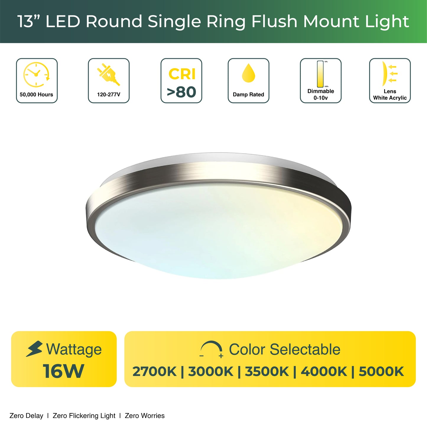 13" Round Brushed Nickel Dimmable Flush Mount Ceiling Light, Single Ring - 1280 Lumens - 16W - 5 Color Switchable (2700K/3000K/3500K/4000K/5000K)