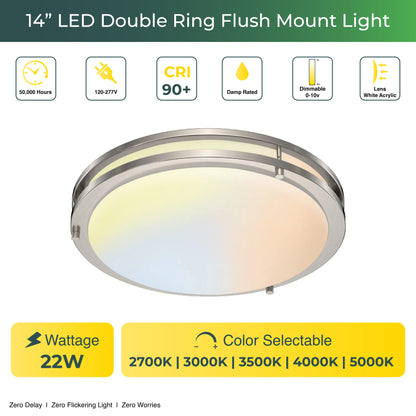 14" LED Double Ring Flushmount Light - 22W with 5-in-1 CCT 2700K/3000K/3500K/4000K/5000K