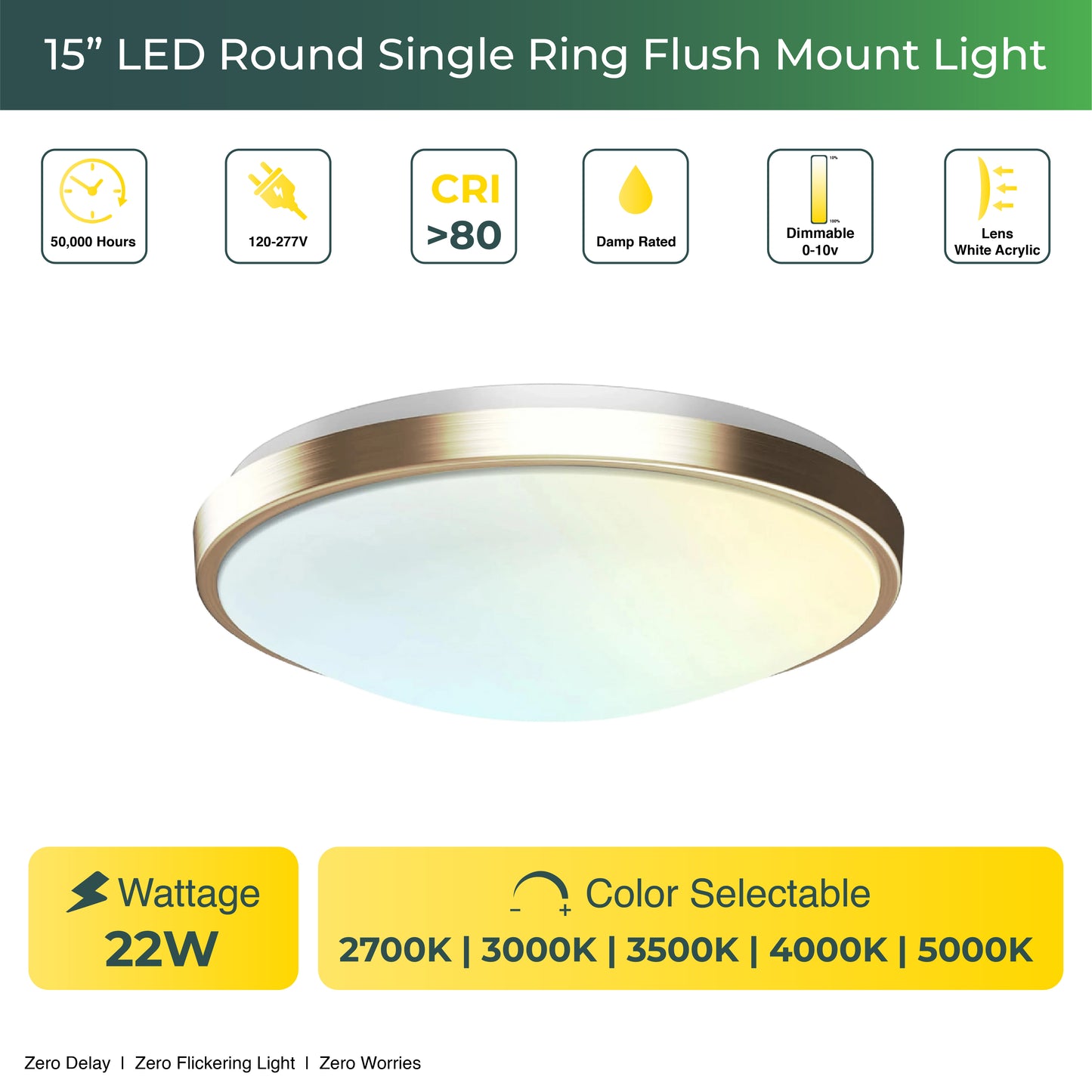 15" Round Brushed Nickel Golden Dimmable Flush Mount Ceiling Light | 1760 Lumens | 22W | 5 Color Switchable (2700K/3000K/3500K/4000K/5000K)