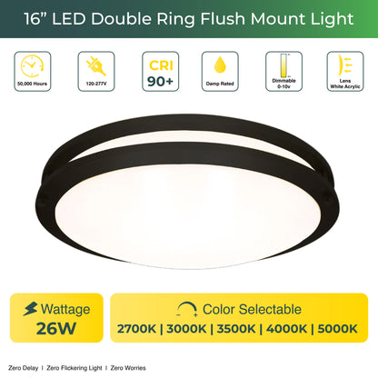 16" LED Double Ring Black Matt Flushmount Light - 26W with 5-in-1 CCT (2700K/3000K/3500K/4000K/5000K)