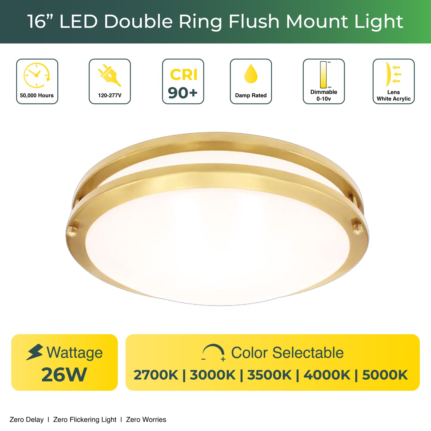 16" LED Double Ring Golden Flushmount Light - 26W with 5-in-1 CCT (2700K/3000K/3500K/4000K/5000K)