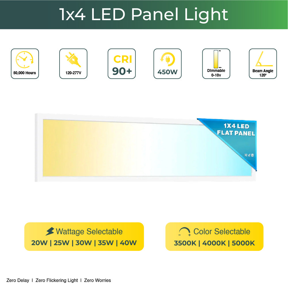 1x4 LED Panel 5200 Lumens, Adjustable Wattage 20W-40W, Selectable CCT 3500K-5000K