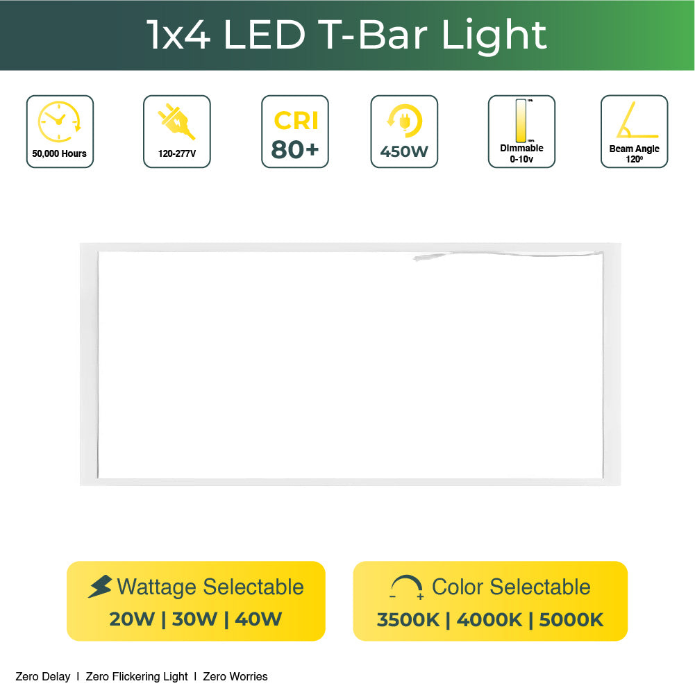 1x4 LED T-Bar 5000 Lumens, Adjustable 20W-40W, Selectable CCT 3500K-5000K