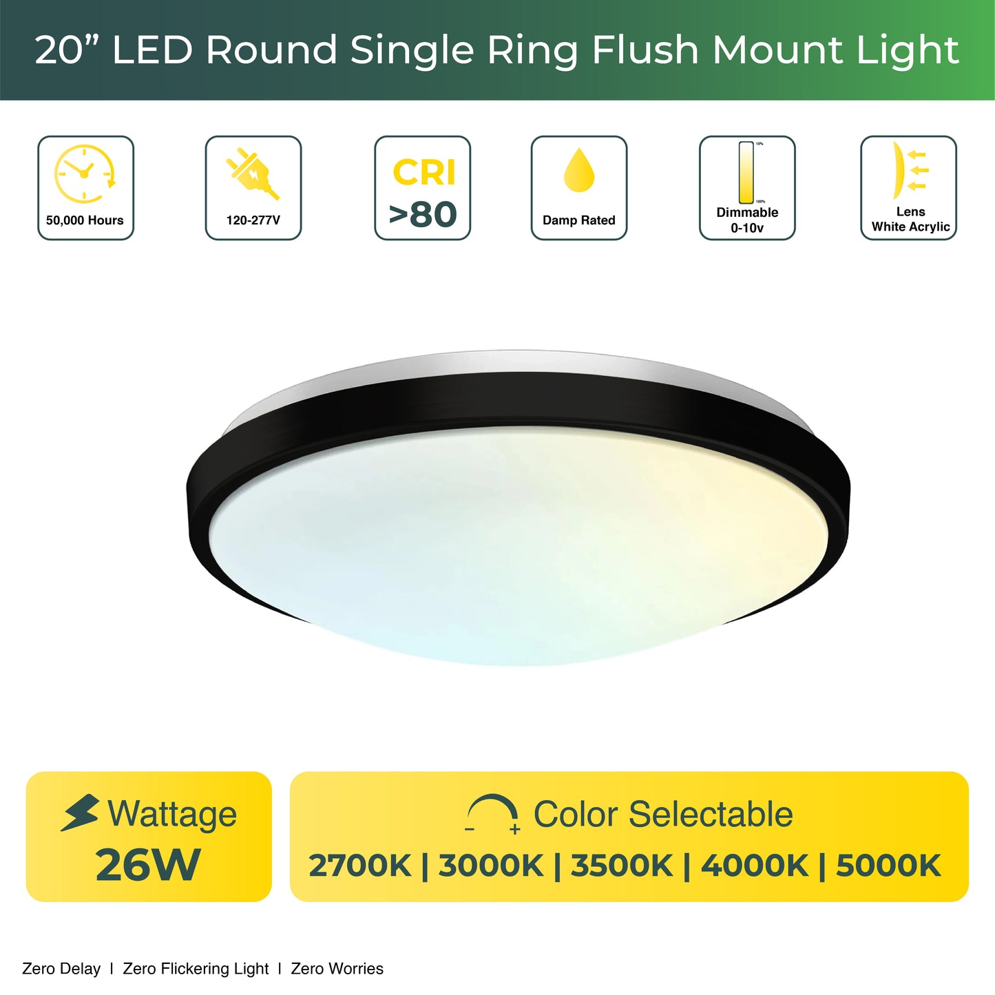 20-Inch Brushed Nickel Black Matt Dimmable Flush Mount Single Ring Ceiling Light – 2080 Lumens, 26W, 5 Adjustable Color Temperatures (2700K-5000K)