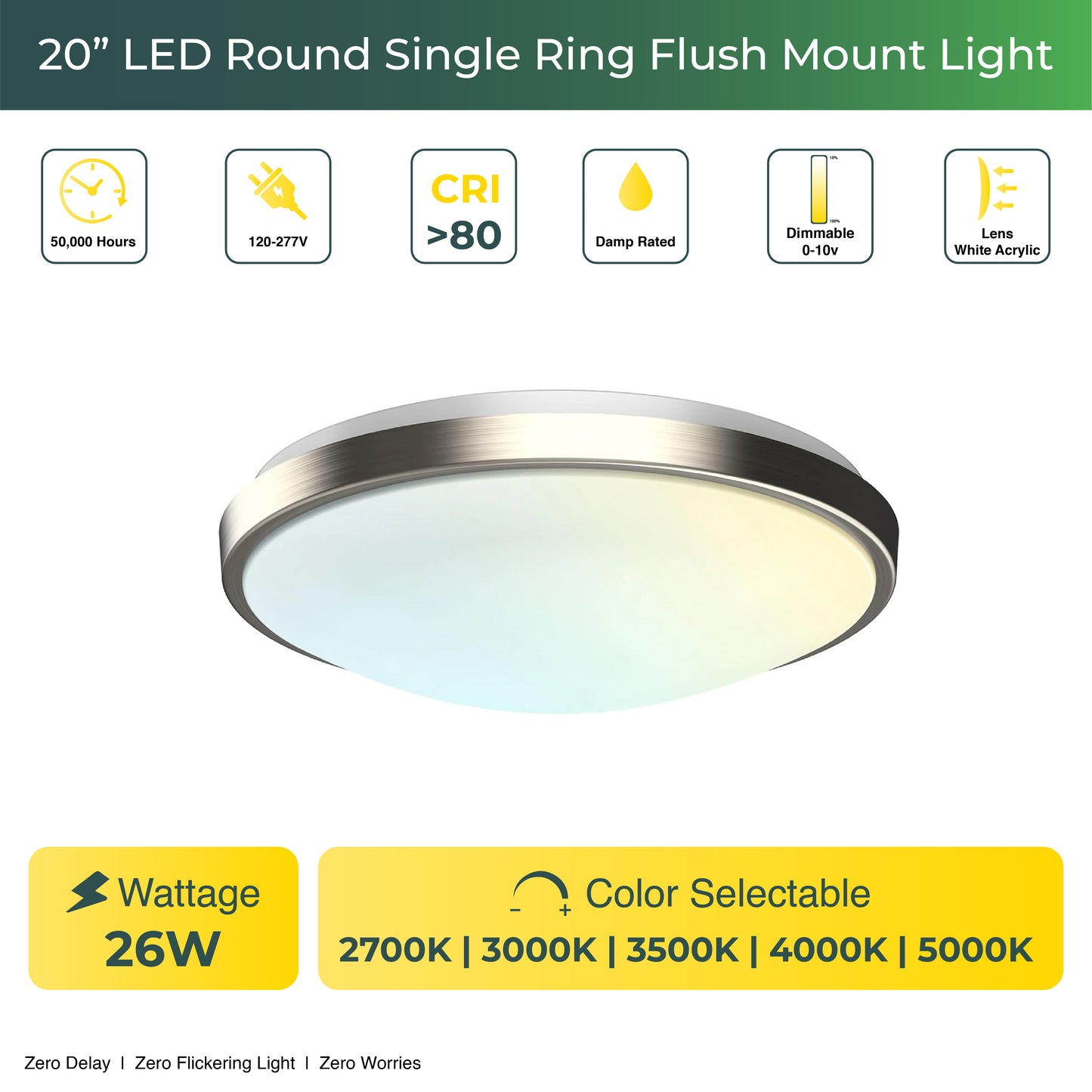 20-Inch Brushed Nickel Dimmable Flush Mount Single Ring Ceiling Light – 2080 Lumens, 26W, 5 Adjustable Color Temperatures (2700K-5000K)