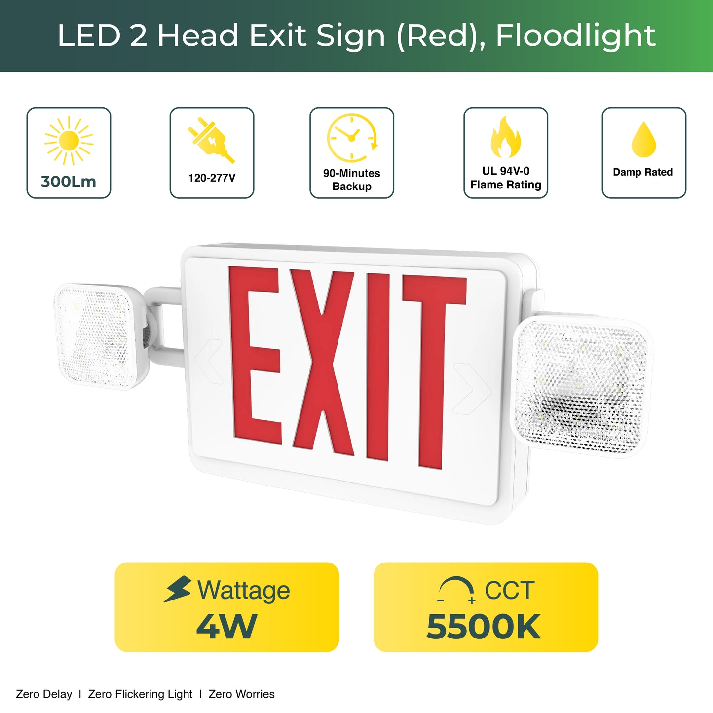 2 Head LED Exit Sign (Red), Floodlight