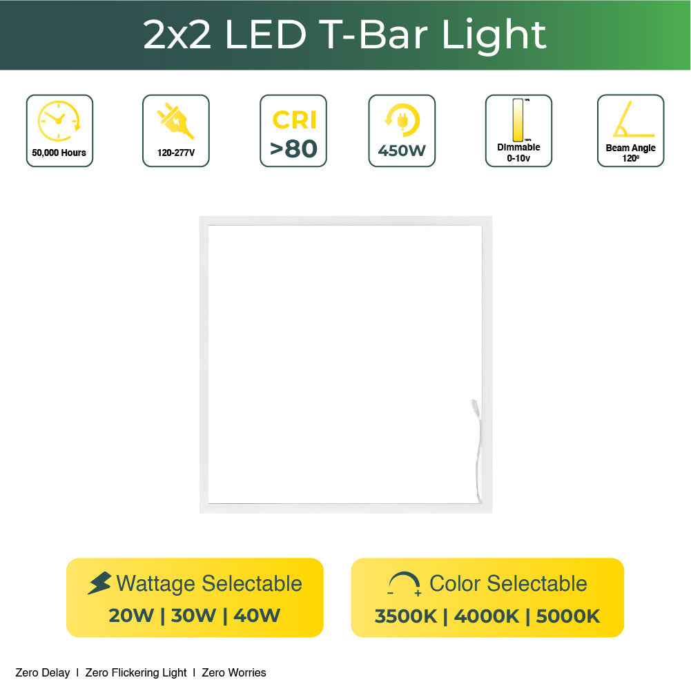 2x2 LED T-Bar 4800 Lumens, Adjustable 20W-40W, Selectable CCT 3000K-5000K