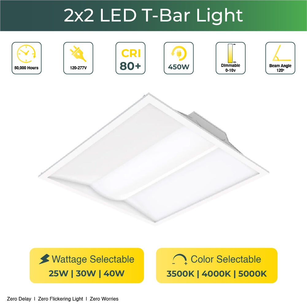 2x2 LED Troffer 5000 Lumens, Adjustable Wattage 25W-40W, Selectable CCT 3500K-5000K