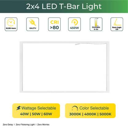 2x4 LED T-Bar 6600 Lumens, Adjustable 40W-60W, Selectable CCT 3000K-5000K