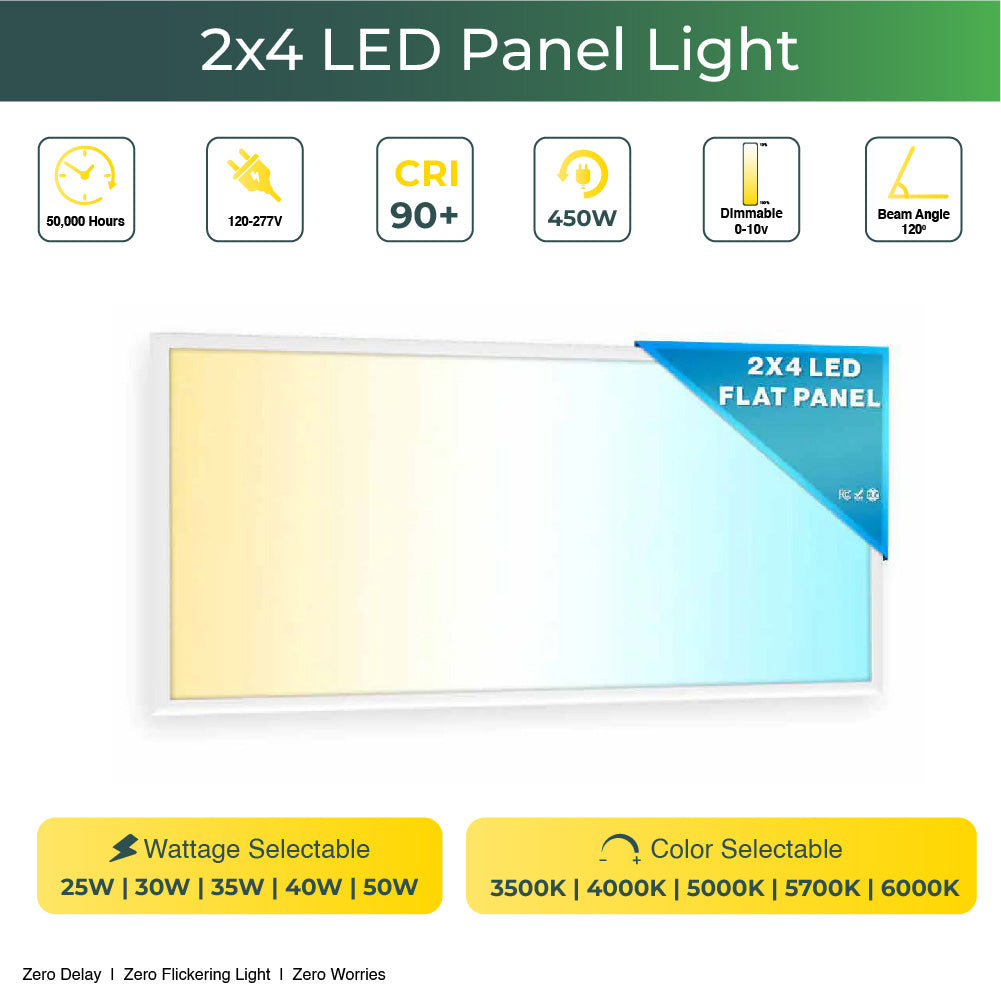 2x4 LED Panel 6500 Lumens, Adjustable Wattage 25W-50W, Selectable CCT 3500K-6500K