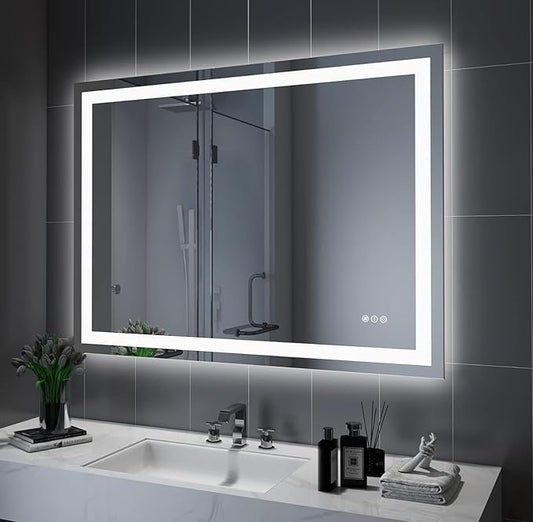 48"x32" Rectangular Shaped Frameless Luxora Black LED Bathroom Mirror with Front & Backlit, Dual LED Strips, Anti-Fog, Dimmable, 3 Colors Options, UL Listed (Horizontal/Vertical)