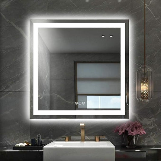 36"x36" Square Shaped Frameless Luxora Black LED Bathroom Mirror with Front & Backlit, Dual LED Strips, Anti-Fog, Dimmable, 3 Colors Options, UL Listed (Horizontal/Vertical)