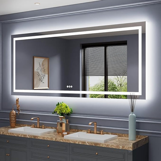 88"x38" Rectangular Shaped Frameless Luxora Black LED Bathroom Mirror with Front & Backlit, Dual LED Strips, Anti-Fog, Dimmable, 3 Colors Options, UL Listed (Horizontal/Vertical)