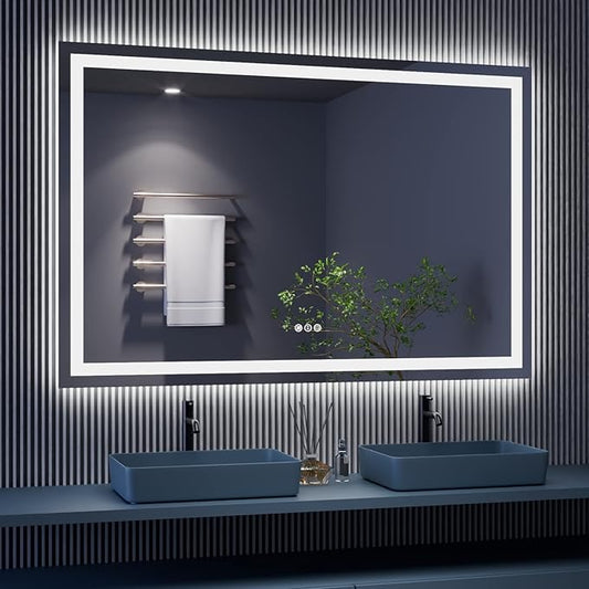 60"x40" Rectangular Shaped Frameless Luxora Black LED Bathroom Mirror with Front & Backlit, Dual LED Strips, Anti-Fog, Dimmable, 3 Colors Options, UL Listed (Horizontal/Vertical)