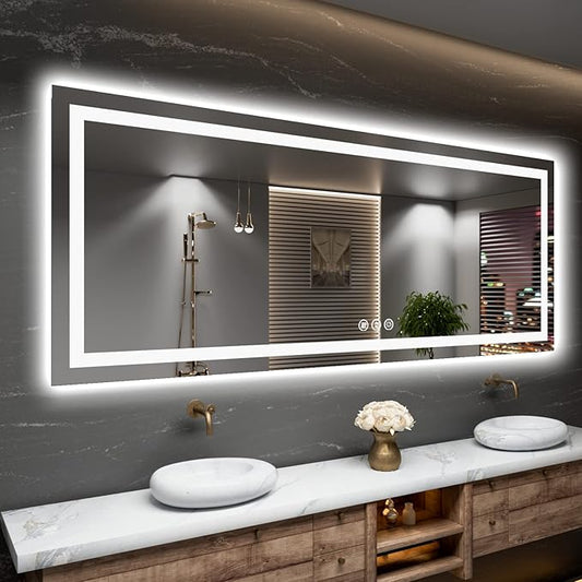 84"x40" Rectangular Shaped Frameless Luxora Black LED Bathroom Mirror with Front & Backlit, Dual LED Strips, Anti-Fog, Dimmable, 3 Colors Options, UL Listed (Horizontal/Vertical)