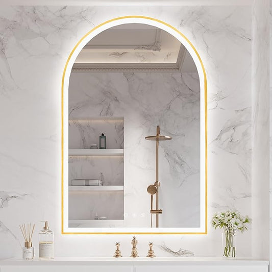 24"x36" Arched Shaped Gold Aluminum Framed LED Bathroom Mirror with Front & Backlight, Anti-Fog, Dimmable, UL Listed