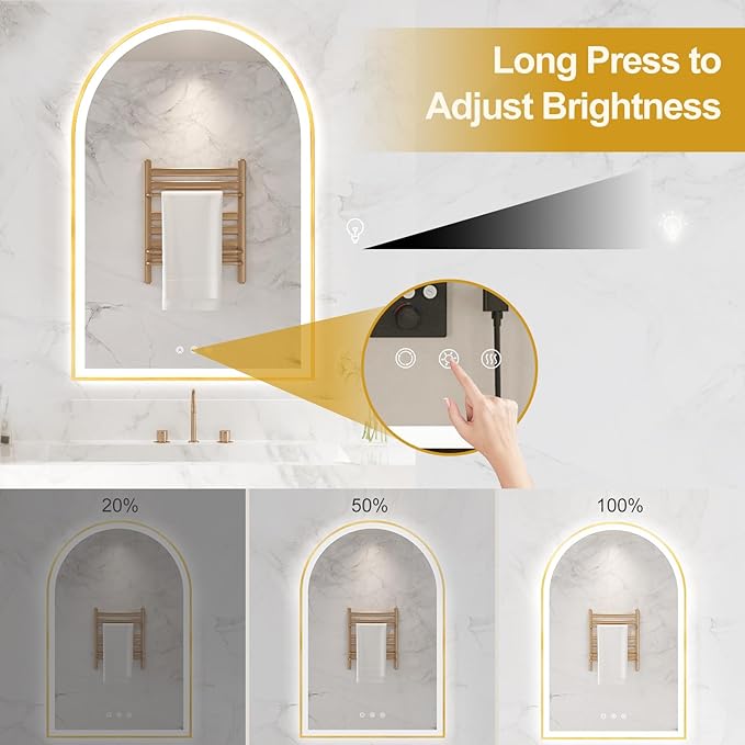 24"x36" Arched Shaped Gold Aluminum Framed LED Bathroom Mirror with Front & Backlight, Anti-Fog, Dimmable, UL Listed