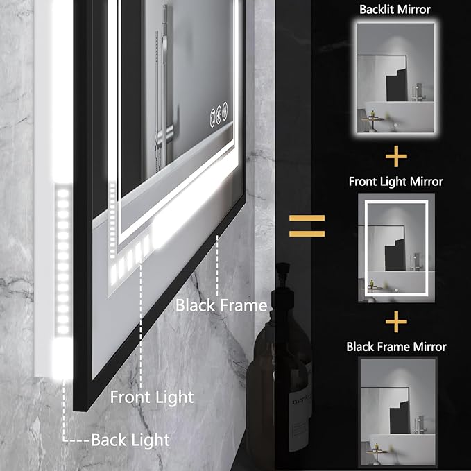 24"x32" Rectangular Shaped Black Aluminum Framed LED Bathroom Mirror with Front & Backlit, Dual LED Strips, Anti-Fog, Dimmable, 3 Colors Options, UL Listed (Horizontal/Vertical)