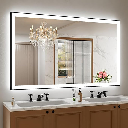 60"x36" Rectangular Shaped Luxora Black Aluminum Framed LED Bathroom Mirror with Front and Backlit, Dual LED Strips, Anti-Fog, Dimmable, 3 Colors Options, UL Listed (Horizontal/Vertical)