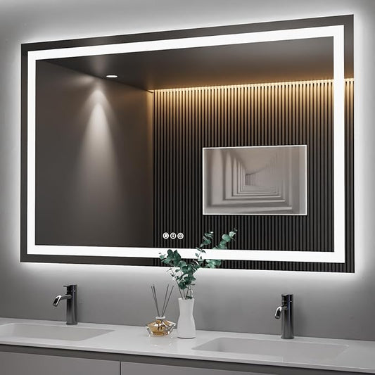 55"x36" Rectangular Shaped Frameless Luxora Black LED Bathroom Mirror with Front & Backlit, Dual LED Strips, Anti-Fog, Dimmable, 3 Colors Options, UL Listed (Horizontal/Vertical)