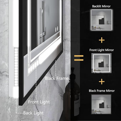 36"x36" Square Shaped Black Aluminum Framed LED Bathroom Mirror with Front & Backlit, Dual LED Strips, Anti-Fog, Dimmable, 3 Color Options, UL Listed