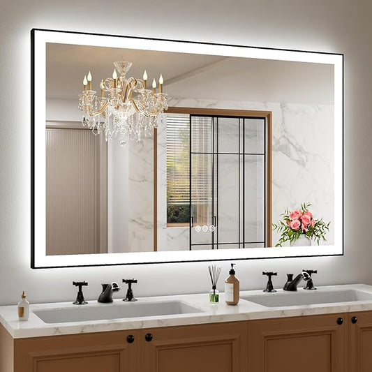 55"x36" Rectangular Shaped Luxora Black Aluminum Framed LED Bathroom Mirror with Front and Backlit, Dual LED Strips, Anti-Fog, Dimmable, 3 Colors Options, UL Listed (Horizontal/Vertical)