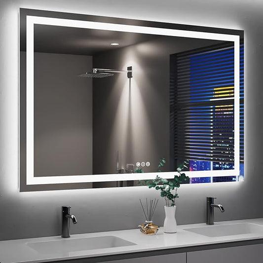 55"x40" Rectangular Shaped Frameless Luxora Black LED Bathroom Mirror with Front & Backlit, Dual LED Strips, Anti-Fog, Dimmable, 3 Colors Options, UL Listed (Horizontal/Vertical)