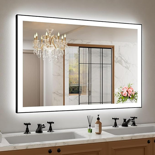 48"x32" Rectangular Shaped Luxora Black Aluminum Framed LED Bathroom Mirror with Front and Backlit, Dual LED Strips, Anti-Fog, Dimmable, 3 Colors Options, UL Listed (Horizontal/Vertical)