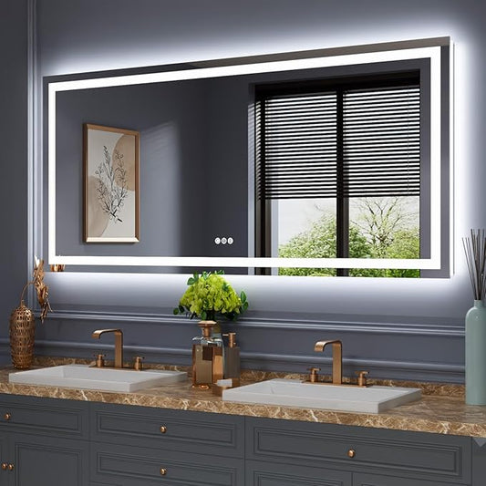 68"x38" Rectangular Shaped Frameless Luxora Black LED Bathroom Mirror with Front & Backlit, Dual LED Strips, Anti-Fog, Dimmable, 3 Colors Options, UL Listed (Horizontal/Vertical)