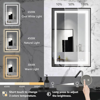 20"x28" Rectangular Shaped Black Aluminum Framed LED Bathroom Mirror with Front & Backlit, Dual LED Strips, Anti-Fog, Dimmable, 3 Colors Options, UL Listed (Horizontal/Vertical)