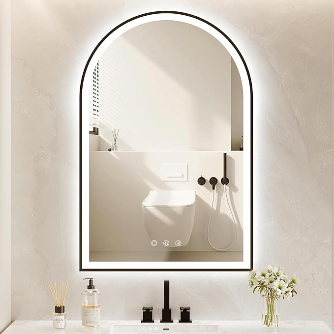 20"x30" Arched Shaped Black Aluminum Framed LED Bathroom Mirror with Black with Front & Backlight, Anti-Fog, Dimmable, UL Listed