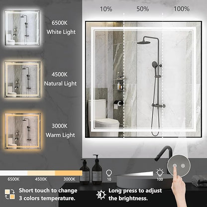 36"x36" Square Shaped Black Aluminum Framed LED Bathroom Mirror with Front & Backlit, Dual LED Strips, Anti-Fog, Dimmable, 3 Color Options, UL Listed