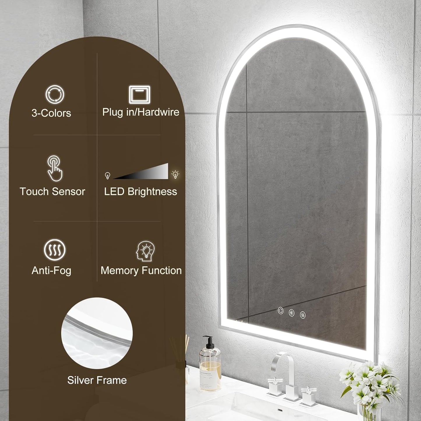 20"x30" Arched Shaped Silver Aluminum Framed LED Bathroom Mirror with Brushed Silver, Front & Backlight, Anti-Fog, Dimmable, UL Listed