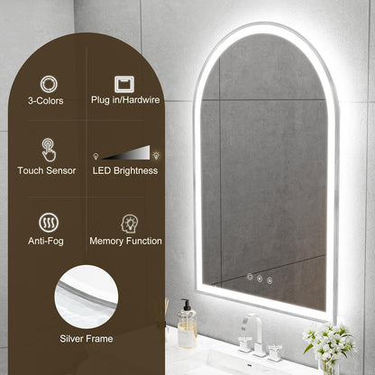 20"x30" Arched Shaped Silver Aluminum Framed LED Bathroom Mirror with Brushed Silver, Front & Backlight, Anti-Fog, Dimmable, UL Listed