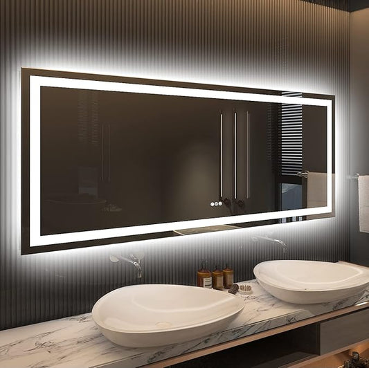 60"x28" Rectangular Shaped Frameless Luxora Black LED Bathroom Mirror with Front & Backlit, Dual LED Strips, Anti-Fog, Dimmable, 3 Colors Options, UL Listed (Horizontal/Vertical)