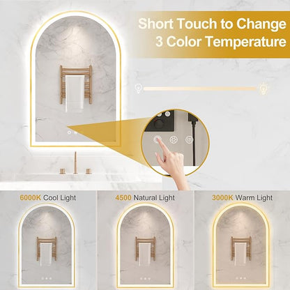 20"x30" Arched Shaped Gold Aluminum Framed LED Bathroom Mirror with Front & Backlight, Anti-Fog, Dimmable, UL Listed