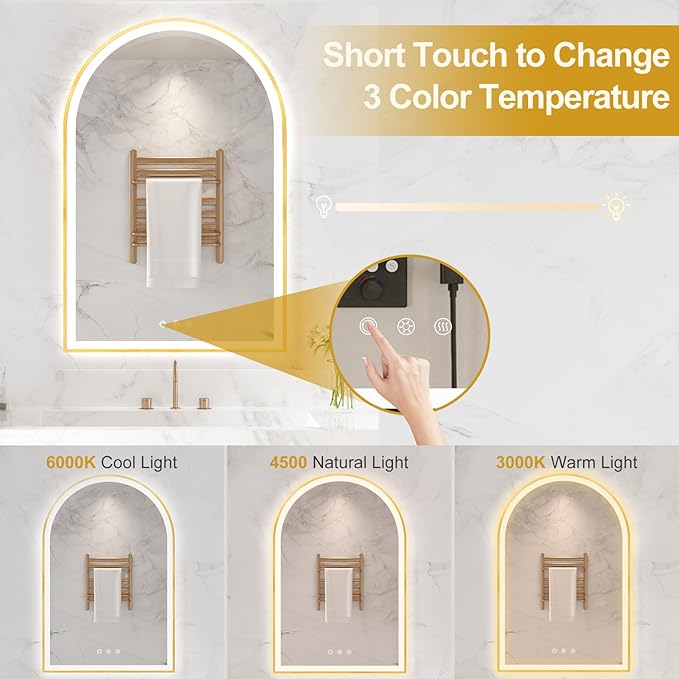 24"x36" Arched Shaped Gold Aluminum Framed LED Bathroom Mirror with Front & Backlight, Anti-Fog, Dimmable, UL Listed