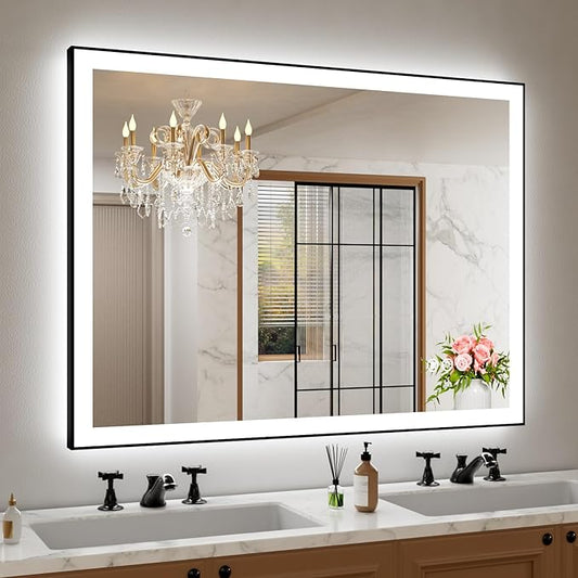 48"x36" Rectangular Shaped Luxora Black Aluminum Framed LED Bathroom Mirror with Front and Backlit, Dual LED Strips, Anti-Fog, Dimmable, 3 Colors Options, UL Listed (Horizontal/Vertical)