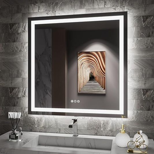 32"x32" Square Shaped Frameless Luxora Black LED Bathroom Mirror with Front & Backlit, Dual LED Strips, Anti-Fog, Dimmable, 3 Colors Options, UL Listed (Horizontal/Vertical)