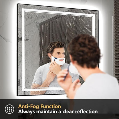 36"x36" Square Shaped Black Aluminum Framed LED Bathroom Mirror with Front & Backlit, Dual LED Strips, Anti-Fog, Dimmable, 3 Color Options, UL Listed