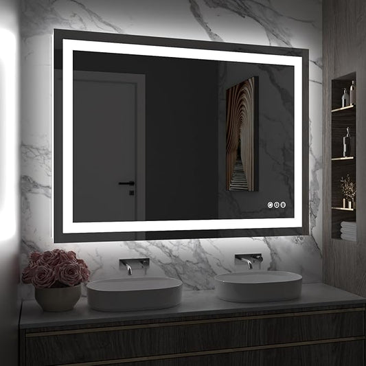 48"x36" Rectangular Shaped Frameless Luxora Black LED Bathroom Mirror with Front & Backlit, Dual LED Strips, Anti-Fog, Dimmable, 3 Colors Options, UL Listed (Horizontal/Vertical)