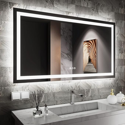 55"x30" Rectangular Shaped Frameless Luxora Black LED Bathroom Mirror with Front & Backlit, Dual LED Strips, Anti-Fog, Dimmable, 3 Colors Options, UL Listed (Horizontal/Vertical)