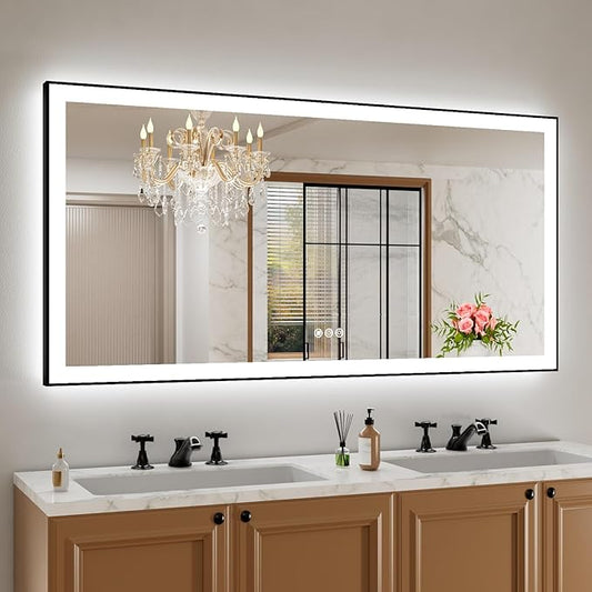 60"x30" Rectangular Shaped Luxora Black Aluminum Framed LED Bathroom Mirror with Front and Backlit, Dual LED Strips, Anti-Fog, Dimmable, 3 Colors Options, UL Listed (Horizontal/Vertical)