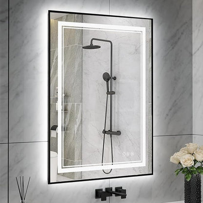 24"x32" Rectangular Shaped Black Aluminum Framed LED Bathroom Mirror with Front & Backlit, Dual LED Strips, Anti-Fog, Dimmable, 3 Colors Options, UL Listed (Horizontal/Vertical)