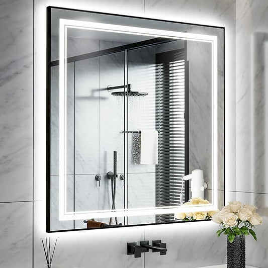 36"x48" Rectangular Shaped Black Aluminum Framed LED Bathroom Mirror with Square, Front & Backlit, Dual LED Strips, Anti-Fog, Dimmable, 3 Color Options, UL Listed